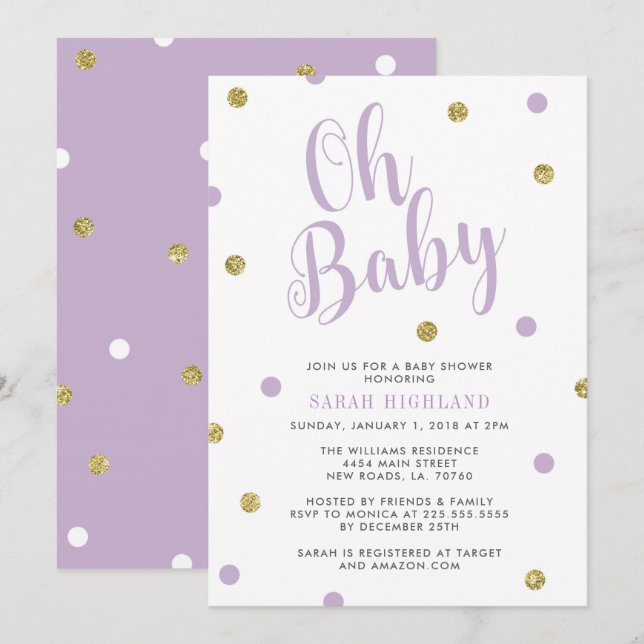 Convite Roxo & chá de fraldas Dourado do brilho oh (Frente/Verso)