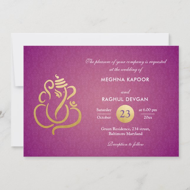 Convite Roxo Chic Gold Foil Ganesha Indian Damask  (Frente)