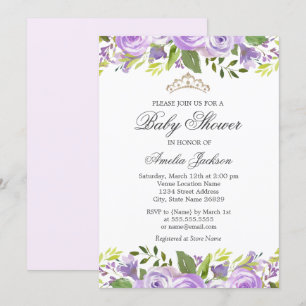 Convite roxo Chuveiro de Bebê Floral em Aquarela Elegante