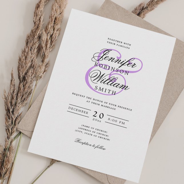 Convite Roxo Clássico de Casamento Romântico Elegante (Elegant Romantic Wedding Classic Script Purple Invitation)