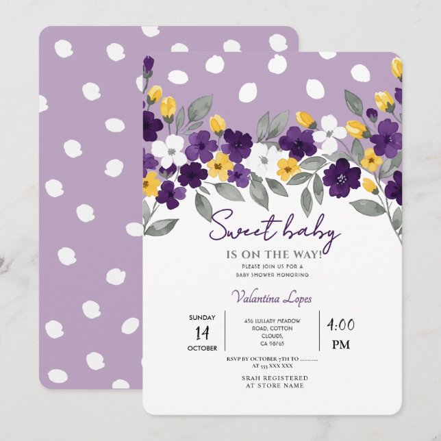 Convite Roxo | Colorido Chá de Bebê de Flores (Frente/Verso)