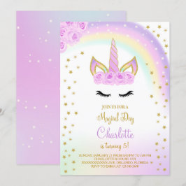 Convite Roxo Com Unicórnio Arco-Íris