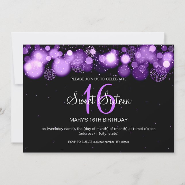 Convite Roxo da festa de aniversário do doce de inverno (Frente)