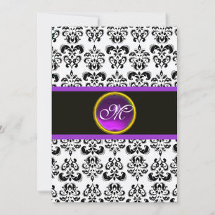 Convite ROXO DAMASCO MONOGRAMA DE AMETISTA, preto e branco