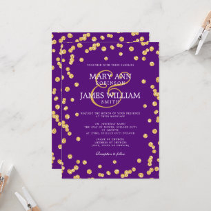 Convite Roxo de Confetti Dourado de Casamento Moderno