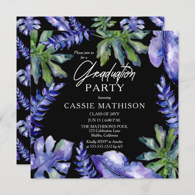 Convite Roxo de Folhas Tropicais | Festa de formatura verd (Frente/Verso)