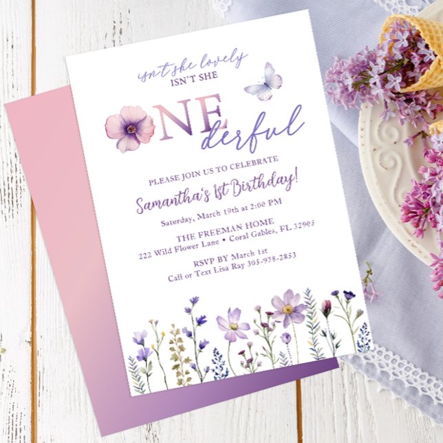 Convite Roxo de Maravilha Maravilhosa Primeiro Aniversário (Onederful Wildflower Birthday Invite)