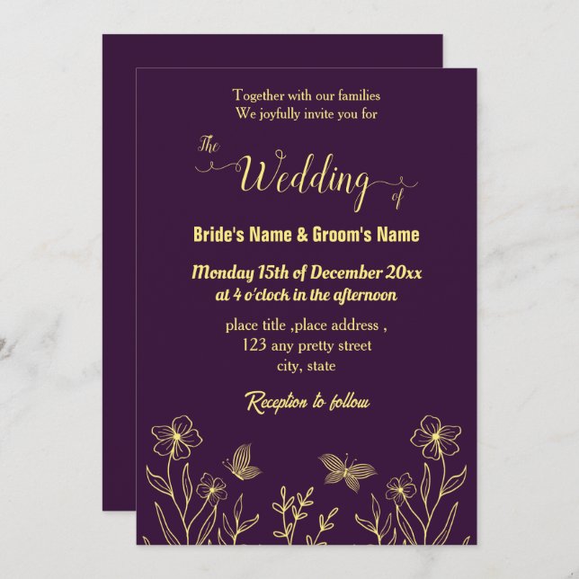 Convite Roxo de ouro elegante romântico (Frente/Verso)
