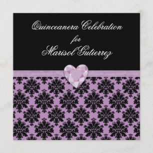 Convite roxo de Quinceanera do coração da jóia 