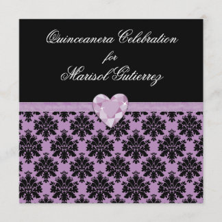 Convite roxo de Quinceanera do coração da jóia do