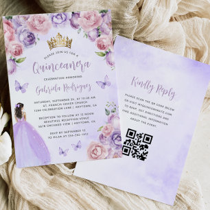 Convite Roxo Desvanecido Aquarela Floral Código QR Quincea