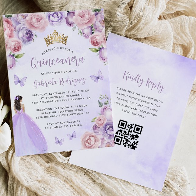Convite Roxo Desvanecido Aquarela Floral Código QR Quincea (Criador carregado)