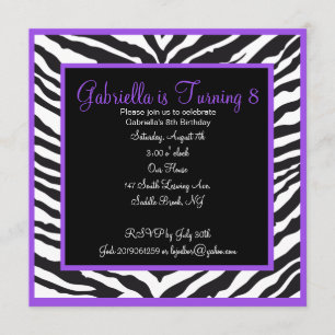 Convite roxo do aniversário do impressão da zebra