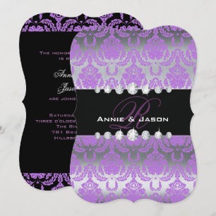 Convite roxo do casamento do monograma do damasco