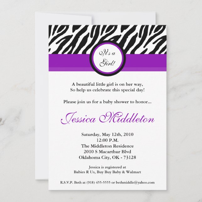 convite roxo do chá de fraldas do impressão da (Frente)