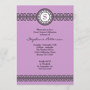 Convite roxo do doce 16 do monograma do laço pret