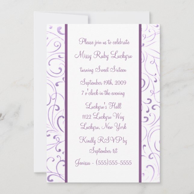 Convite roxo do doce dezesseis (Frente)