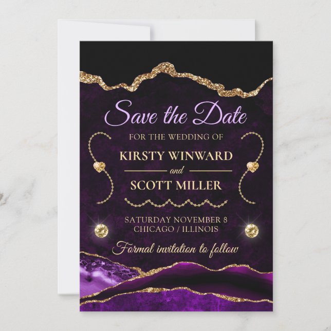 Convite Roxo Dourado Brilho Ágata e mármore Save the Date (Frente)