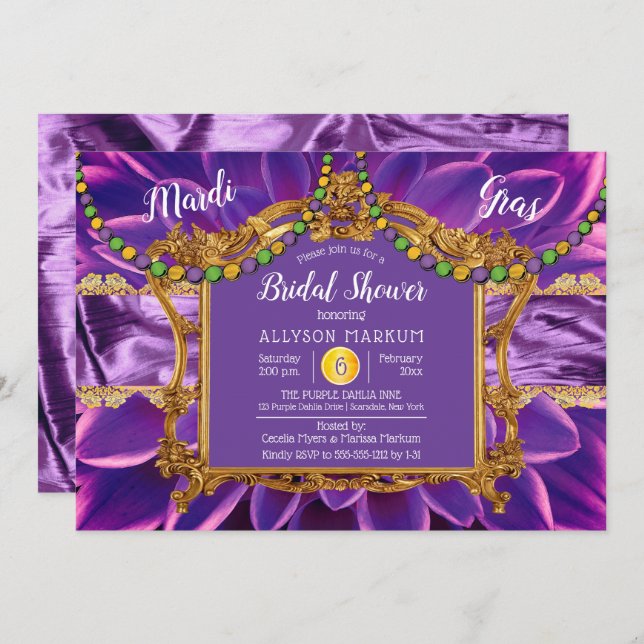 Convite Roxo | Dourado Chá de panela Floral Mardi Gras (Frente/Verso)