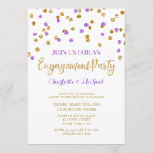 Convite roxo Dourado da festa de noivado dos