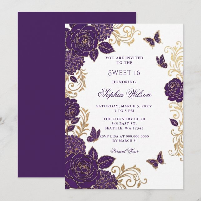 Convite Roxo Dourado Floral Borboleta Sweet 16 (Frente/Verso)