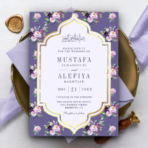 Convite Roxo Dourado Floral Periwinkle Casamento Muçulmano