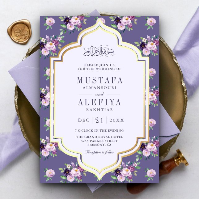 Convite Roxo Dourado Floral Periwinkle Casamento Muçulmano (Criador carregado)