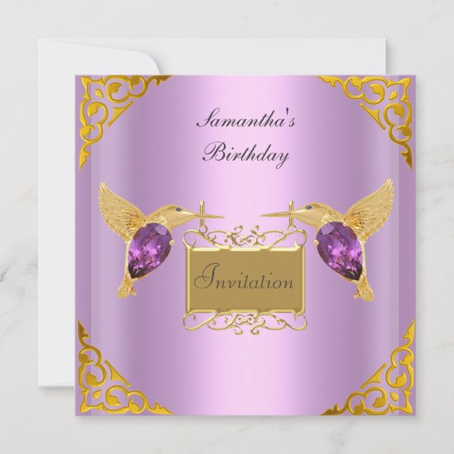 Convite Roxo Dourado Jóias Pássaros (Frente)