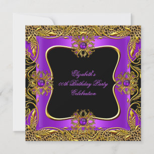Convite Roxo Dourado Jóias Preto Festa de Aniversário Leop