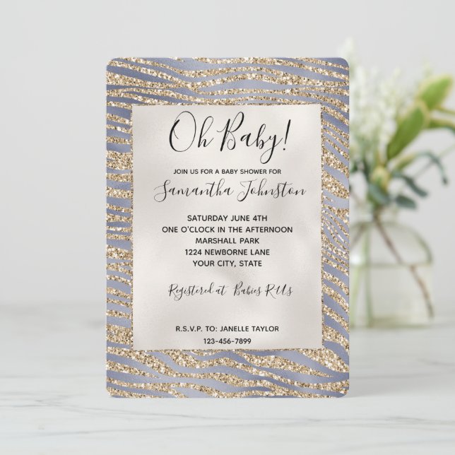 Convite Roxo Dourado Luxo Glitter Estampa de Zebra (Em pé/Frente)