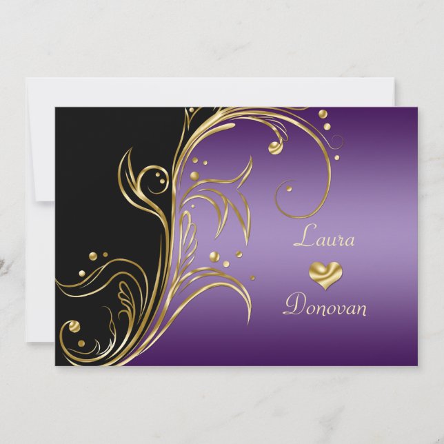 Convite Roxo Dourado Preto com Redemoinhos Florais Apenas  (Frente)
