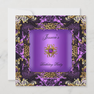 Convite Roxo Dourado Preto Floral Aniversário Festa Leopar