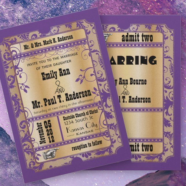 Convite Roxo Dourado Rústico Antigo Bilhete Casamento (Criador carregado)