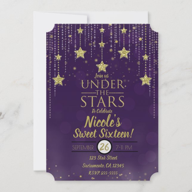 Convite Roxo & Dourado Sob as Estrelas Doce 16 Estrelado (Frente)