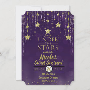 Convite Roxo & Dourado Sob as Estrelas Doce 16 Estrelado