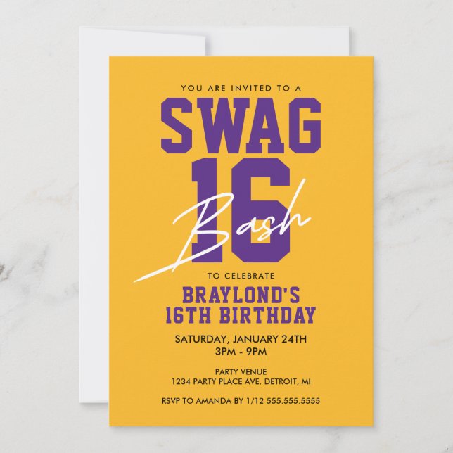 Convite Roxo e Amarelo Swag 16 Aniversário (Frente)