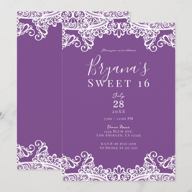 Convite Roxo e Branco de Renda Festa Elegante de Doce 16 A (Frente/Verso)