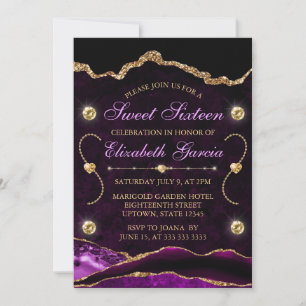 Convite Roxo e Dourado Agata brilhante e mármore Sweet 16