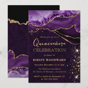 Convite Roxo e Dourado Agata Brilhante Quinceanera