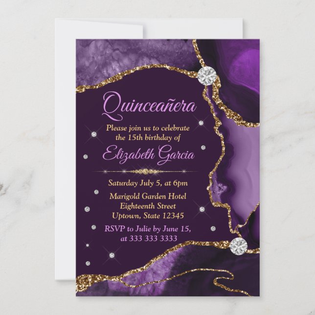 Convite Roxo e Dourado Ágata Falsa Brilho Quinceanera (Frente)