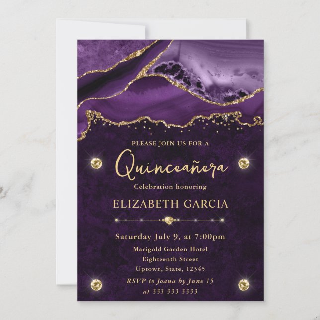 Convite Roxo e Dourado Brilho Ágata Quinceanera (Frente)