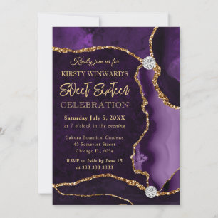 Convite Roxo e Dourado Brilho Falso Ágata Doce 16
