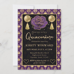 Convite Roxo e Dourado Coração Damasco e Rosa Quinceanera