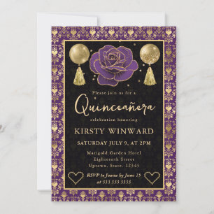 Convite Roxo e Dourado Coração Damasco e Rosa Quinceanera