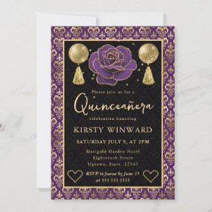 Convite Roxo e Dourado Coração Damasco e Rosa Quinceanera
