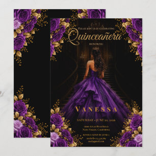 Convite Roxo e Dourado de Quinceanera