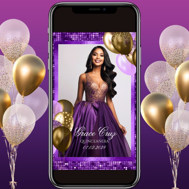 Convite Roxo e Dourado de Quinceañera (Criador carregado)