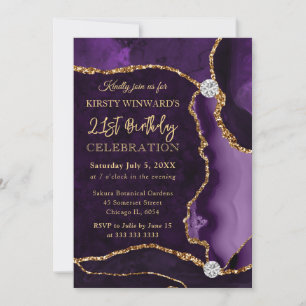 Convite Roxo e Dourado Falso Brilho Ágata Aniversário