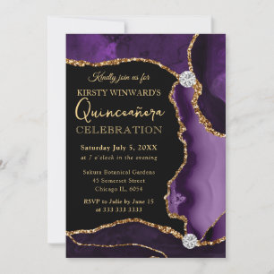 Convite Roxo e Dourado Falso Brilho Ágata Quinceanera