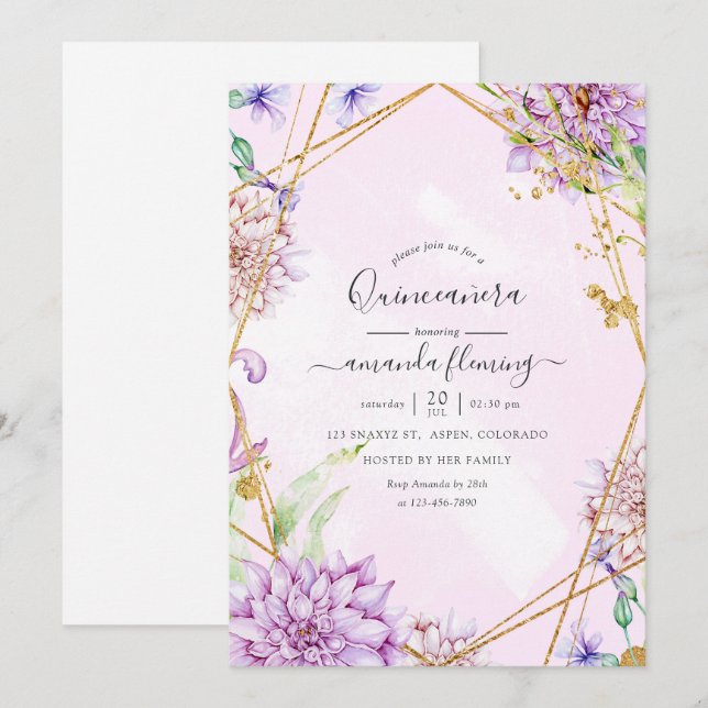 Convite Roxo e Dourado Floral Geométrico Quinceañera (Frente/Verso)